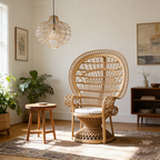 Contemporary Boho Handwoven Indonesian Rattan Accent Chair - High Back Peacock Rattan Lounge Chair With Waterproof Fabric Cushion For Living Room Lumendat