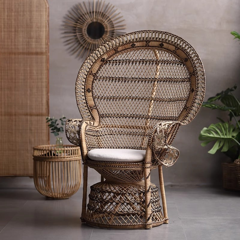 Contemporary Boho Handwoven Indonesian Rattan Accent Chair - High Back Peacock Rattan Lounge Chair With Waterproof Fabric Cushion For Living Room Lumendat