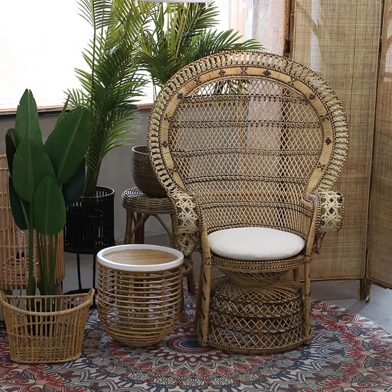 Contemporary Boho Handwoven Indonesian Rattan Accent Chair - High Back Peacock Rattan Lounge Chair With Waterproof Fabric Cushion For Living Room Lumendat
