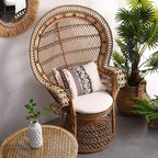Contemporary Boho Handwoven Indonesian Rattan Accent Chair - High Back Peacock Rattan Lounge Chair With Waterproof Fabric Cushion For Living Room Lumendat