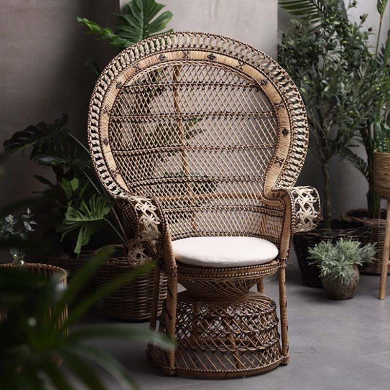 Contemporary Boho Handwoven Indonesian Rattan Accent Chair - High Back Peacock Rattan Lounge Chair With Waterproof Fabric Cushion For Living Room Lumendat