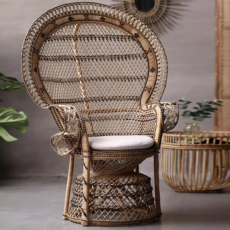 Contemporary Boho Handwoven Indonesian Rattan Accent Chair - High Back Peacock Rattan Lounge Chair With Waterproof Fabric Cushion For Living Room Lumendat