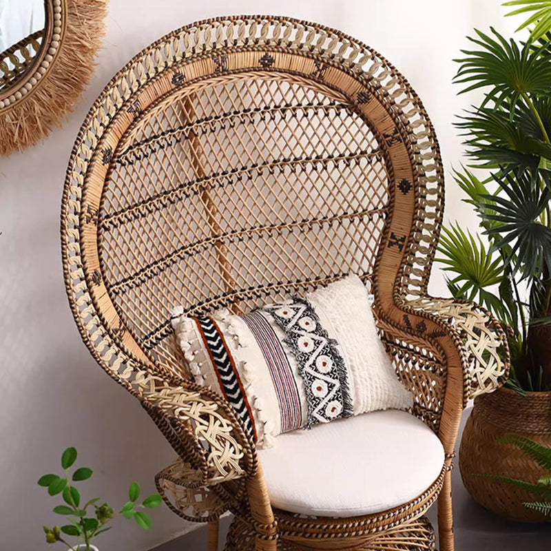 Contemporary Boho Handwoven Indonesian Rattan Accent Chair - High Back Peacock Rattan Lounge Chair With Waterproof Fabric Cushion For Living Room Lumendat