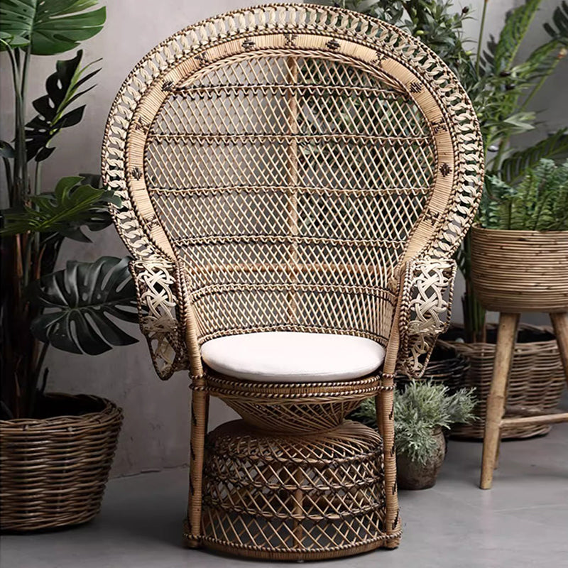 Contemporary Boho Handwoven Indonesian Rattan Accent Chair - High Back Peacock Rattan Lounge Chair With Waterproof Fabric Cushion For Living Room Lumendat