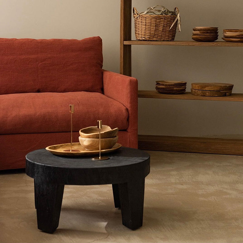 Traditional Rustic Solid Wood Round Coffee Table - Handcrafted Low Profile Sculptural Table For Living Room Lumendat