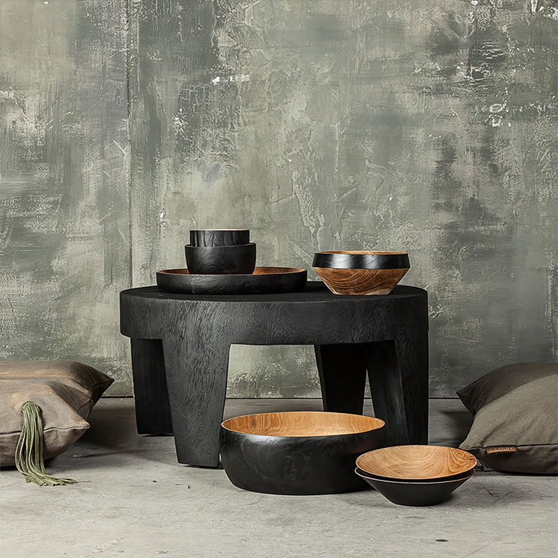 Traditional Rustic Solid Wood Round Coffee Table - Handcrafted Low Profile Sculptural Table For Living Room Lumendat