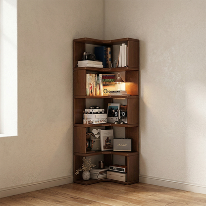 Modern Minimalist Rectangular Rubberwood Eco-Friendly Board Bookshelf Corner Shelf Unit 5/6 Tiers For Home & Office