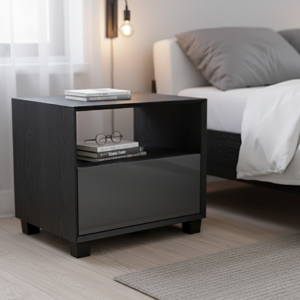 Modern Minimalist Square 1-Drawer Storage Dark Gray Nightstand For Bedroom Lumendat
