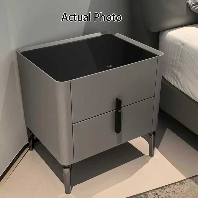 Modern Luxury Square 2-Drawer Storage Nightstand - Black Glass Top Bedside Table For Bedroom Lumendat