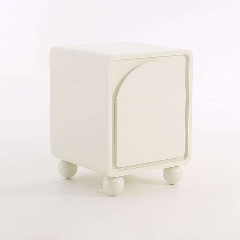 Contemporary Scandinavian Square Cream 1-Cabinet Accent Nightstand - Sculpted Arch Door & Ball Legs Bedside Table For Bedroom Lumendat
