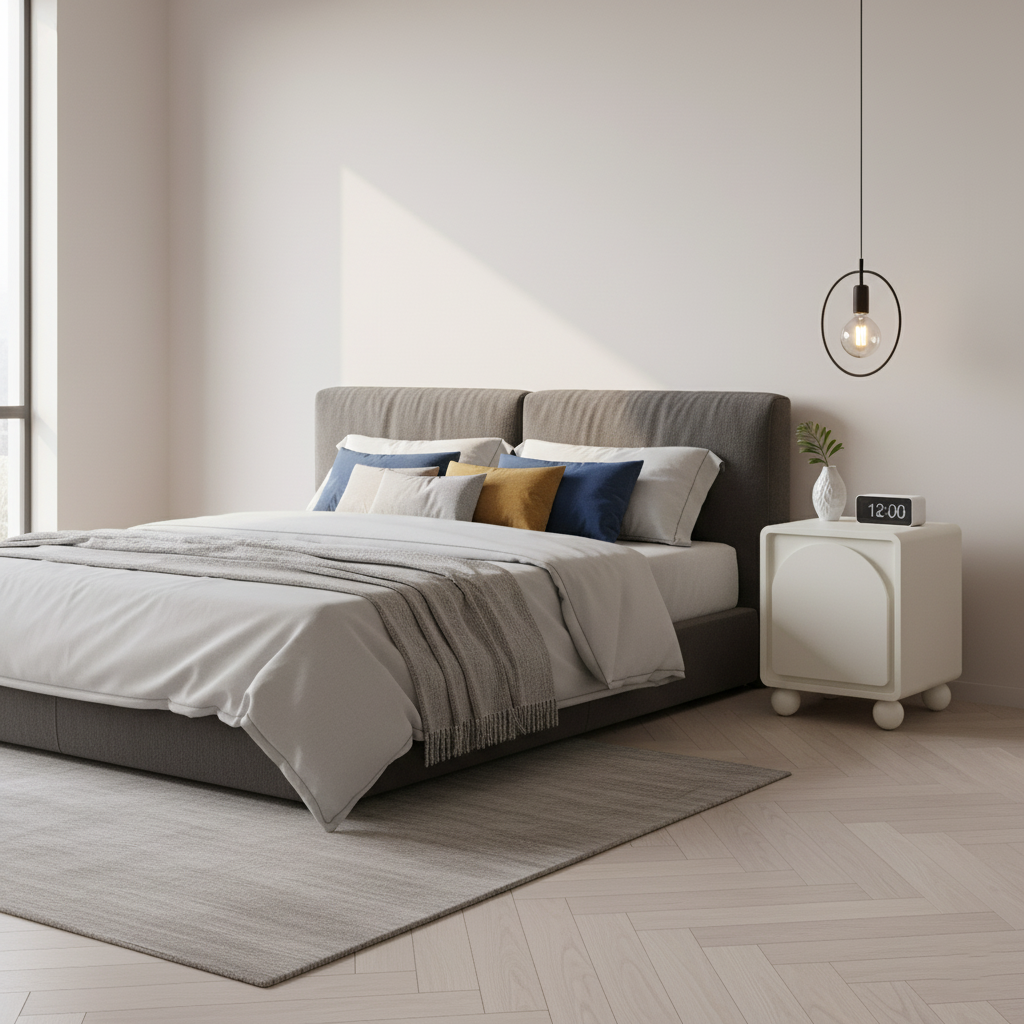 Contemporary Scandinavian Square Cream 1-Cabinet Accent Nightstand - Sculpted Arch Door & Ball Legs Bedside Table For Bedroom Lumendat