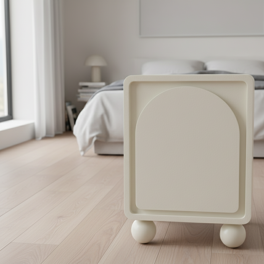 Contemporary Scandinavian Square Cream 1-Cabinet Accent Nightstand - Sculpted Arch Door & Ball Legs Bedside Table For Bedroom Lumendat