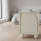 Contemporary Scandinavian Square Cream 1-Cabinet Accent Nightstand - Sculpted Arch Door & Ball Legs Bedside Table For Bedroom Lumendat