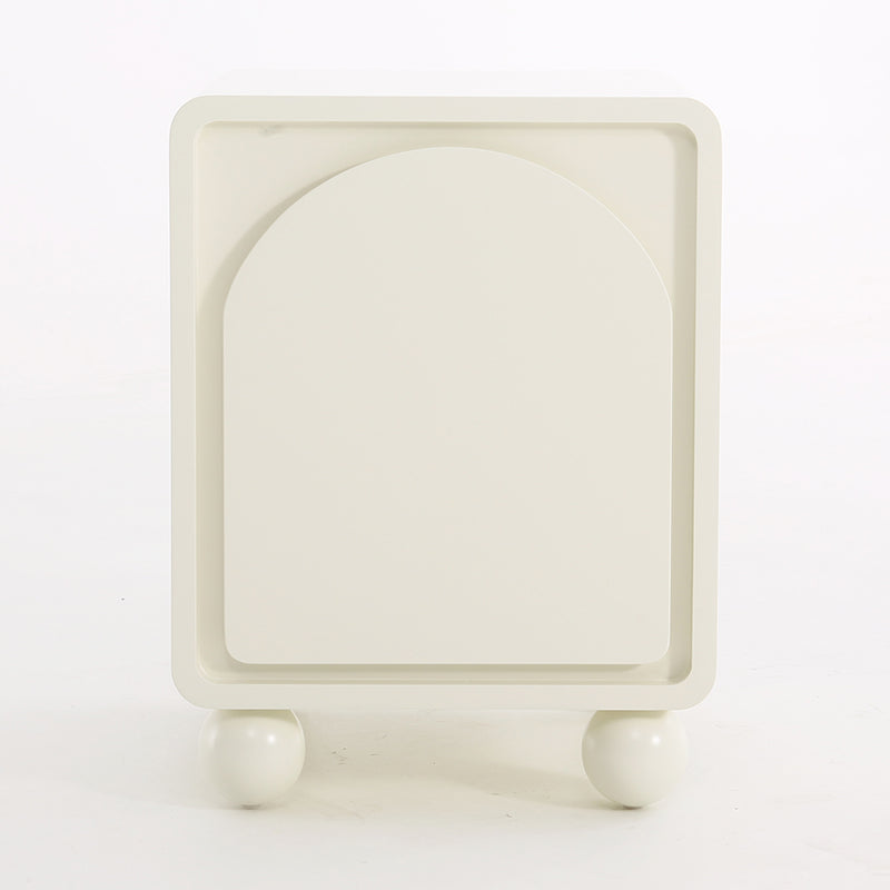 Contemporary Scandinavian Square Cream 1-Cabinet Accent Nightstand - Sculpted Arch Door & Ball Legs Bedside Table For Bedroom Lumendat