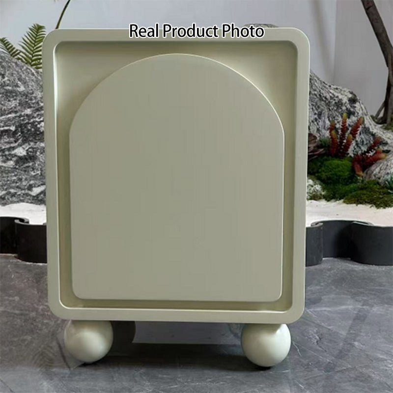 Contemporary Scandinavian Square Cream 1-Cabinet Accent Nightstand - Sculpted Arch Door & Ball Legs Bedside Table For Bedroom Lumendat