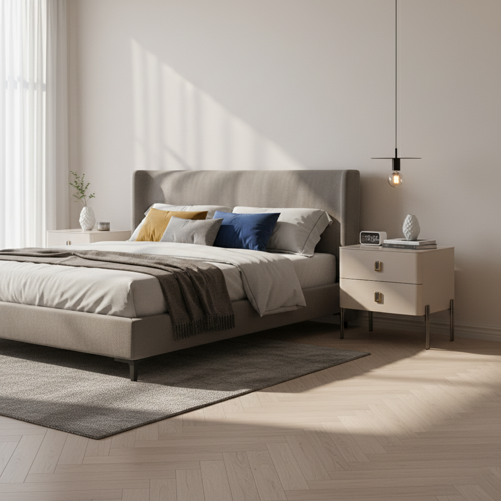 Contemporary Scandinavian Square Cream White 2-Drawer Storage Nightstand - Stone Slab Top Bedside Table For Bedroom Lumendat