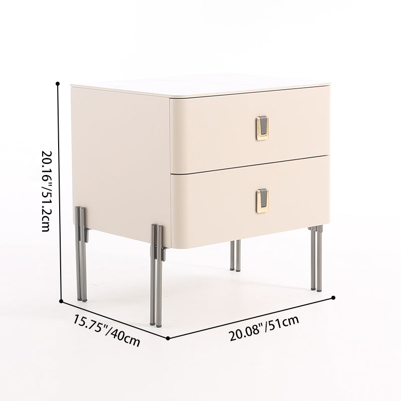 Contemporary Scandinavian Square Cream White 2-Drawer Storage Nightstand - Stone Slab Top Bedside Table For Bedroom Lumendat