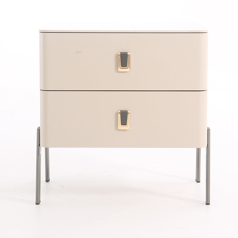 Contemporary Scandinavian Square Cream White 2-Drawer Storage Nightstand - Stone Slab Top Bedside Table For Bedroom Lumendat