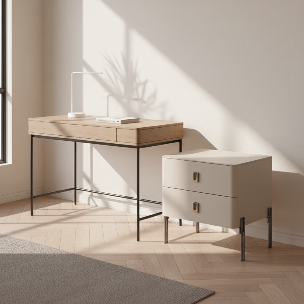 Contemporary Scandinavian Square Cream White 2-Drawer Storage Nightstand - Stone Slab Top Bedside Table For Bedroom Lumendat