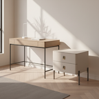 Contemporary Scandinavian Square Cream White 2-Drawer Storage Nightstand - Stone Slab Top Bedside Table For Bedroom Lumendat