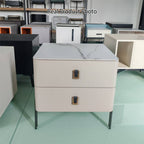 Contemporary Scandinavian Square Cream White 2-Drawer Storage Nightstand - Stone Slab Top Bedside Table For Bedroom Lumendat
