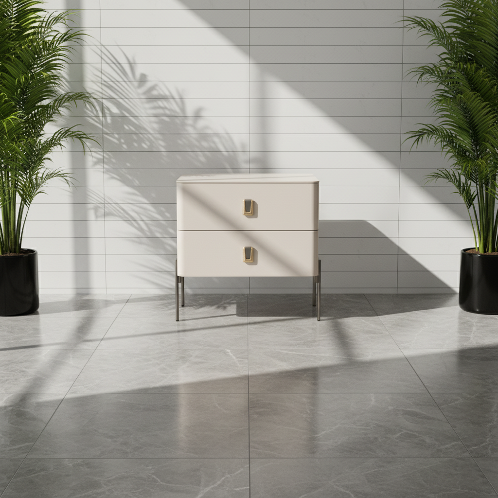 Contemporary Scandinavian Square Cream White 2-Drawer Storage Nightstand - Stone Slab Top Bedside Table For Bedroom Lumendat