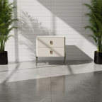 Contemporary Scandinavian Square Cream White 2-Drawer Storage Nightstand - Stone Slab Top Bedside Table For Bedroom Lumendat