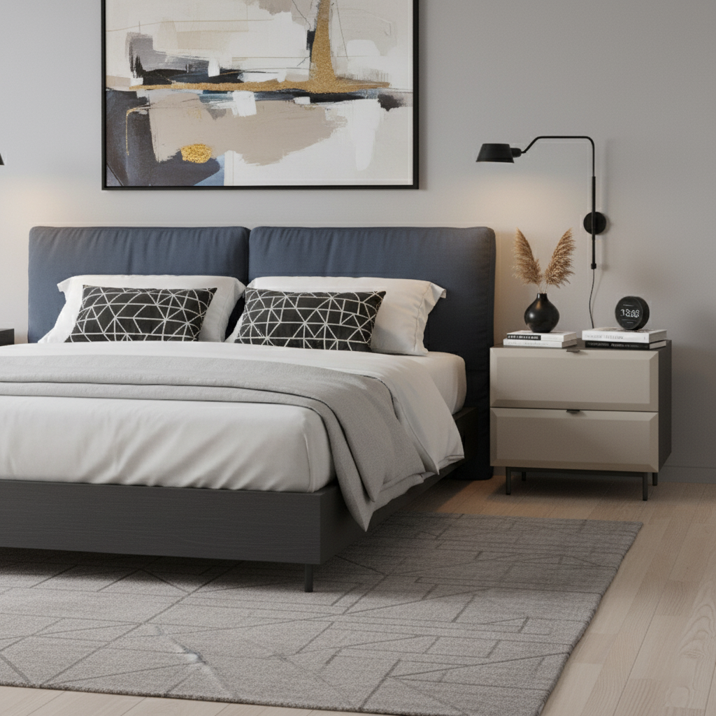 Modern Minimalist Square Gray 2-Drawer Storage Nightstand - Veneered Plywood Frame Bedside Table For Bedroom Lumendat