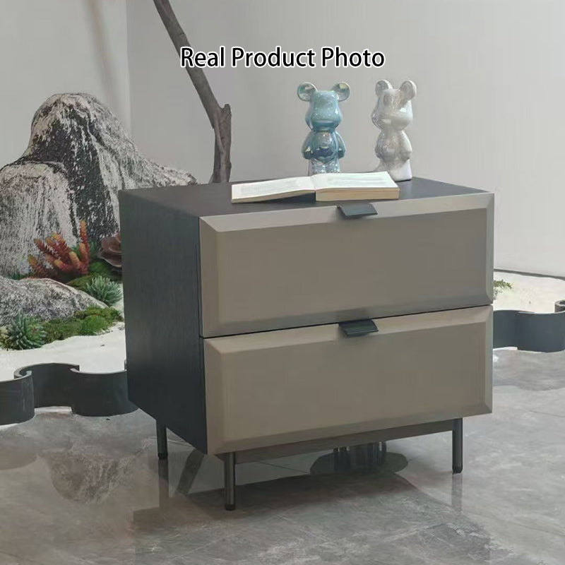 Modern Minimalist Square Gray 2-Drawer Storage Nightstand - Veneered Plywood Frame Bedside Table For Bedroom Lumendat