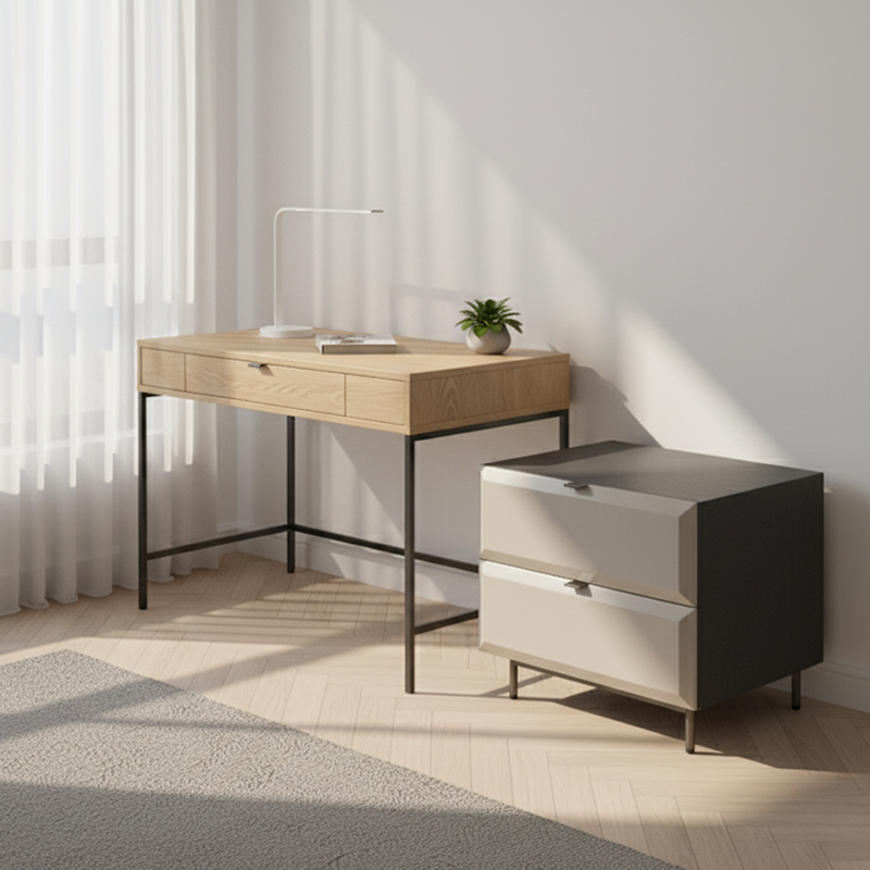 Modern Minimalist Square Gray 2-Drawer Storage Nightstand - Veneered Plywood Frame Bedside Table For Bedroom Lumendat