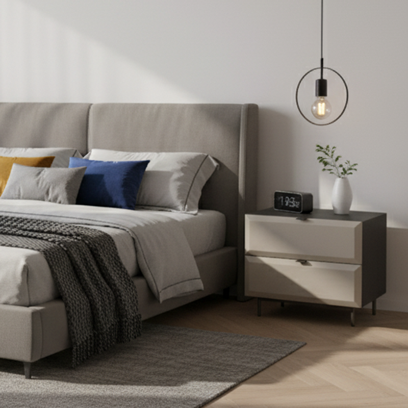Modern Minimalist Square Gray 2-Drawer Storage Nightstand - Veneered Plywood Frame Bedside Table For Bedroom Lumendat