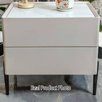 Contemporary Scandinavian Square Cream White 2-Drawer Storage Nightstand - Stone Slab Top Bedside Table For Bedroom Lumendat