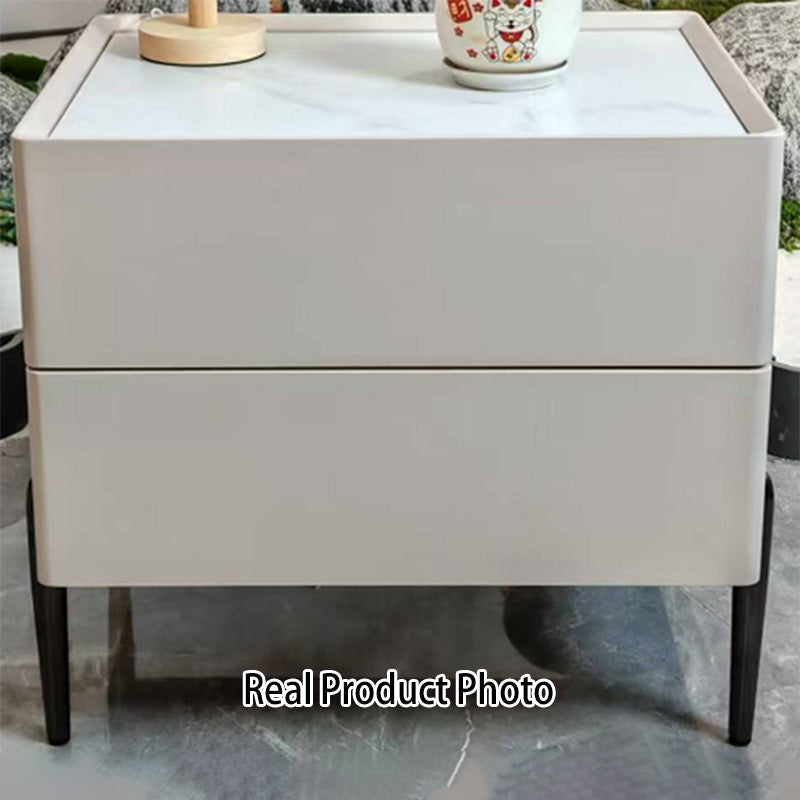 Contemporary Scandinavian Square Cream White 2-Drawer Storage Nightstand - Stone Slab Top Bedside Table For Bedroom Lumendat
