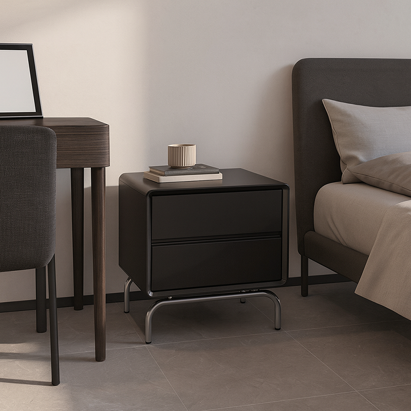 Modern Minimalist Black 2-Drawer Storage Nightstand - Matte Finish Stainless Steel Base Bedside Table For Bedroom Lumendat