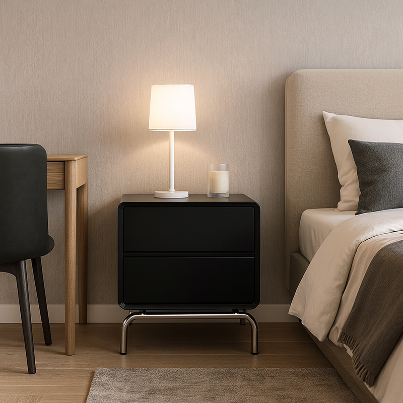 Modern Minimalist Black 2-Drawer Storage Nightstand - Matte Finish Stainless Steel Base Bedside Table For Bedroom Lumendat