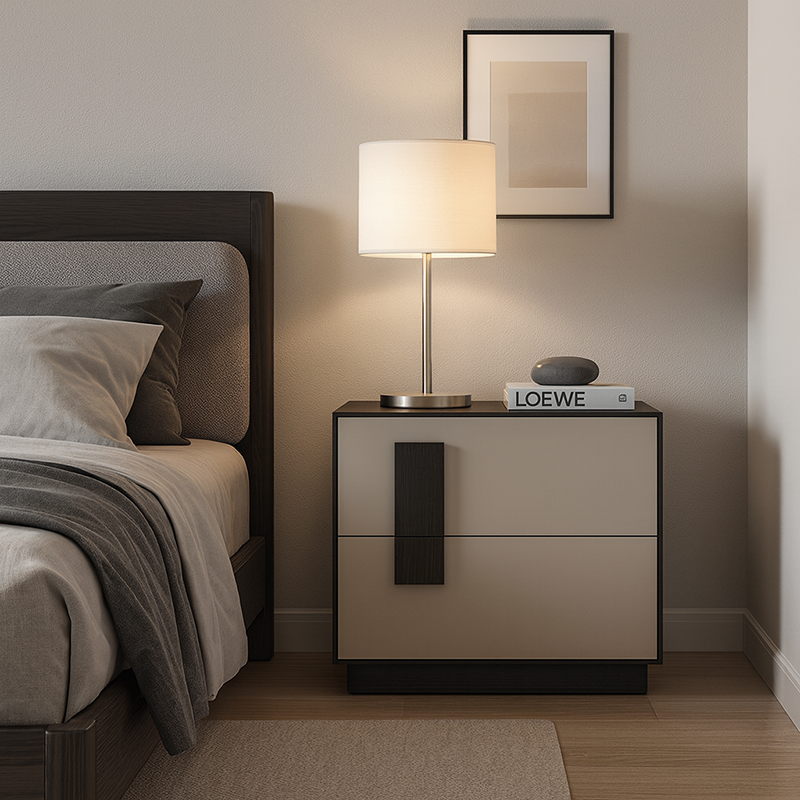Modern Mid-Century Black & Walnut 2-Drawer Storage Nightstand - Color Blocking Frame Bedside Table For Bedroom Lumendat