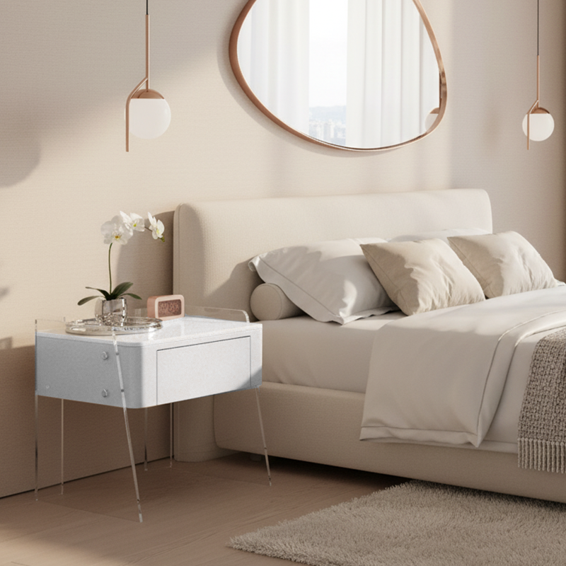 Modern Minimalist Cream White 1-Drawer Storage Nightstand - Acrylic High Legs Bedside Table For Bedroom Lumendat