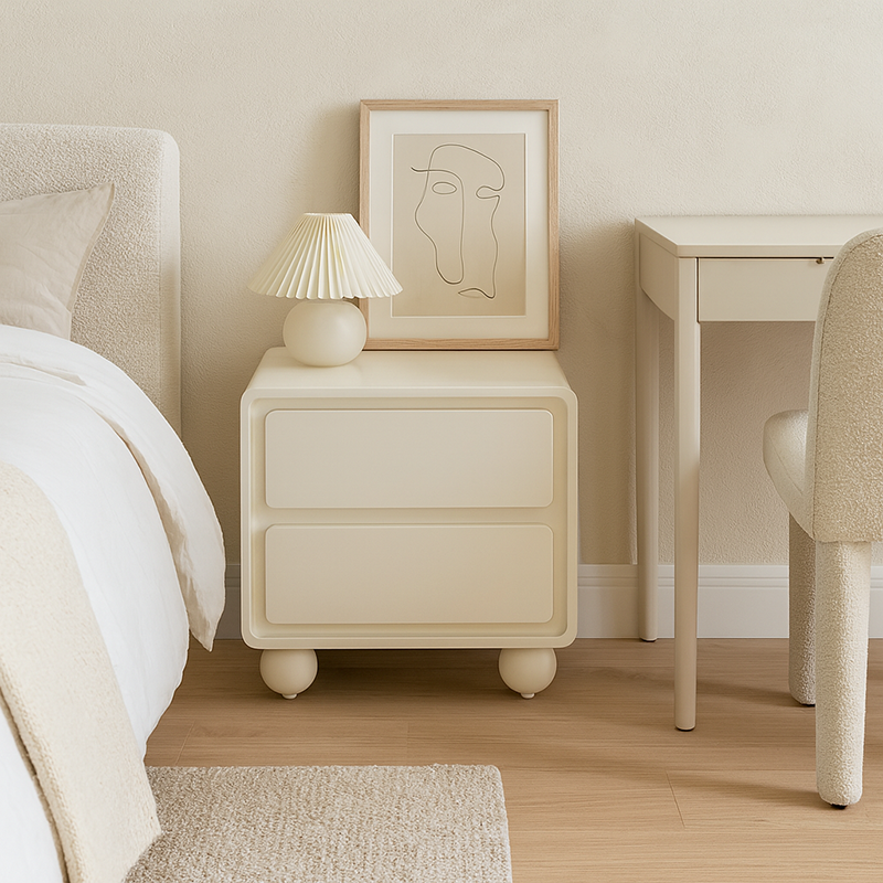 Contemporary Scandinavian Cream White "Cloud" Nightstand - 2-Drawer Storage Bedside Table For Bedroom Lumendat