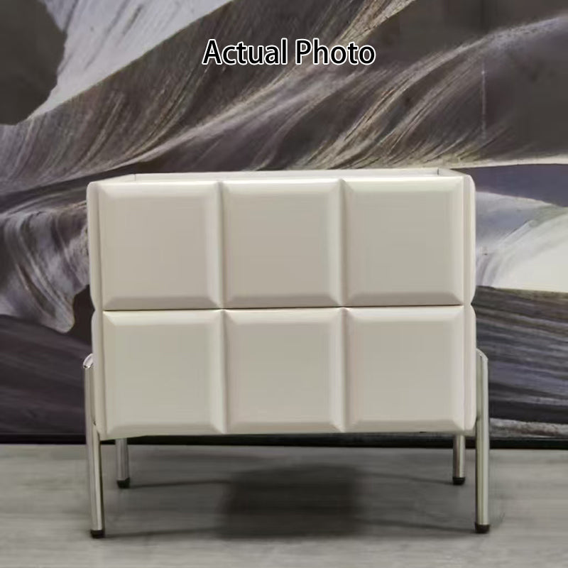 Contemporary Scandinavian Cream 2-Drawer Nightstand - Sintered Stone Top Embossed Cube Bedside Table For Bedroom Lumendat