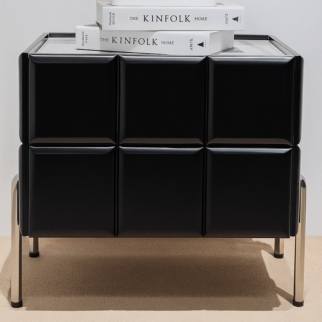 Contemporary Scandinavian Cream 2-Drawer Nightstand - Sintered Stone Top Embossed Cube Bedside Table For Bedroom Lumendat