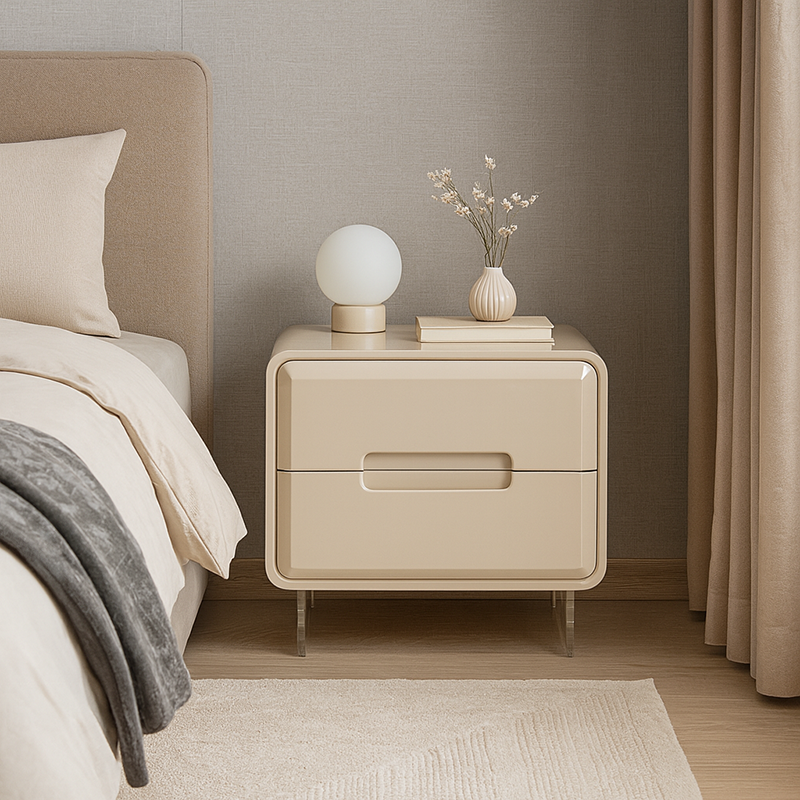 Contemporary Scandinavian Soft Beige 2-Drawer Storage Nightstand - Rounded Corner Design Clear Acrylic Legs Bedside Table For Bedroom Lumendat