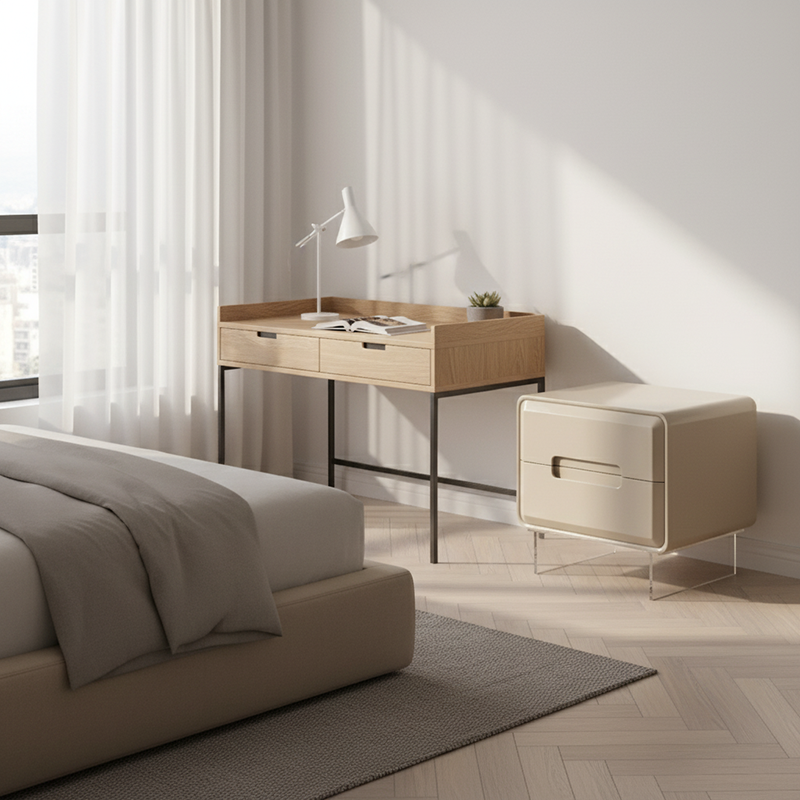 Contemporary Scandinavian Soft Beige 2-Drawer Storage Nightstand - Rounded Corner Design Clear Acrylic Legs Bedside Table For Bedroom Lumendat