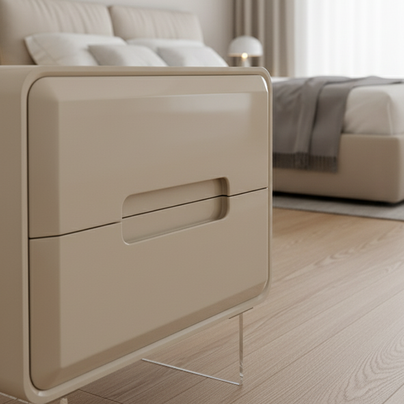 Contemporary Scandinavian Soft Beige 2-Drawer Storage Nightstand - Rounded Corner Design Clear Acrylic Legs Bedside Table For Bedroom Lumendat