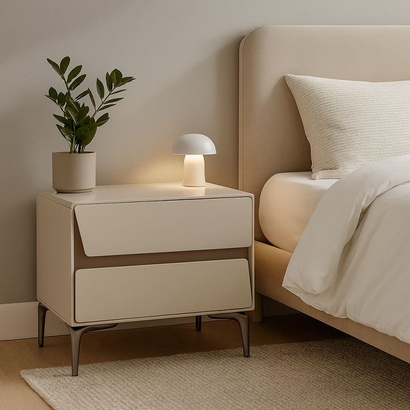 Modern Luxury Beige 2-Drawer Storage Nightstand - Two-Tone Panel Design Geometric Bedside Table For Bedroom Lumendat