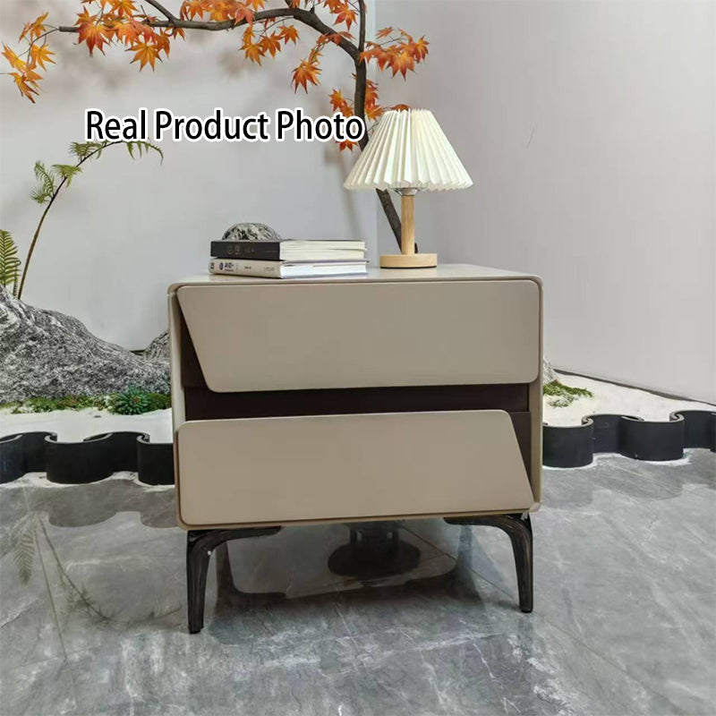 Modern Luxury Beige 2-Drawer Storage Nightstand - Two-Tone Panel Design Geometric Bedside Table For Bedroom Lumendat
