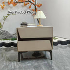 Modern Luxury Beige 2-Drawer Storage Nightstand - Two-Tone Panel Design Geometric Bedside Table For Bedroom Lumendat