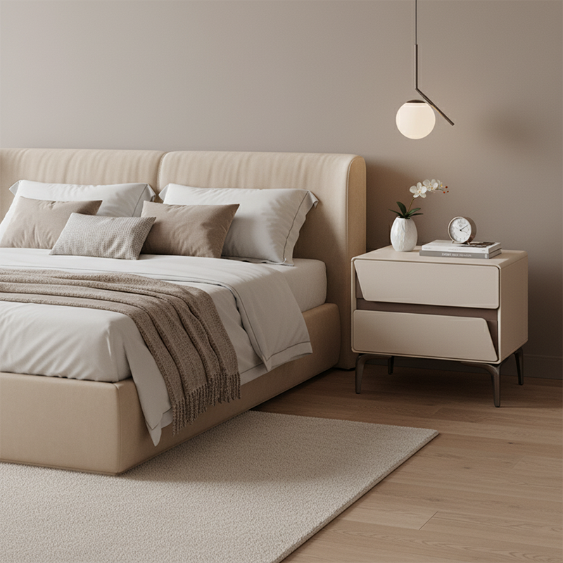 Modern Luxury Beige 2-Drawer Storage Nightstand - Two-Tone Panel Design Geometric Bedside Table For Bedroom Lumendat