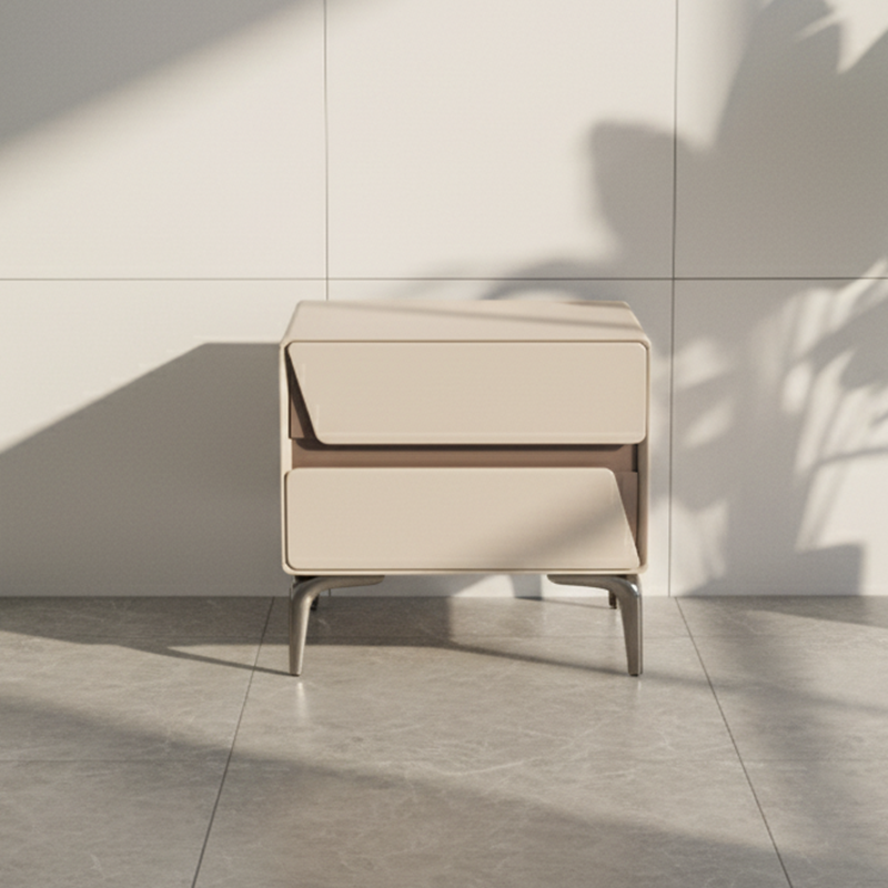 Modern Luxury Beige 2-Drawer Storage Nightstand - Two-Tone Panel Design Geometric Bedside Table For Bedroom Lumendat