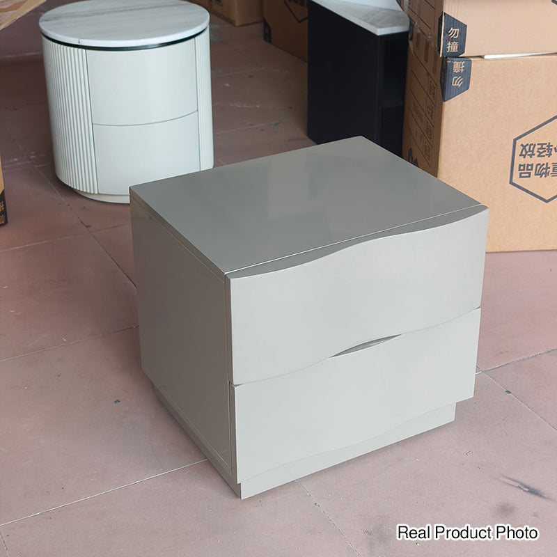 Contemporary Scandinavian Greige 2-Drawer Storage Nightstand - 3D Wave Pattern Drawers Bedside Table For Bedroom Lumendat