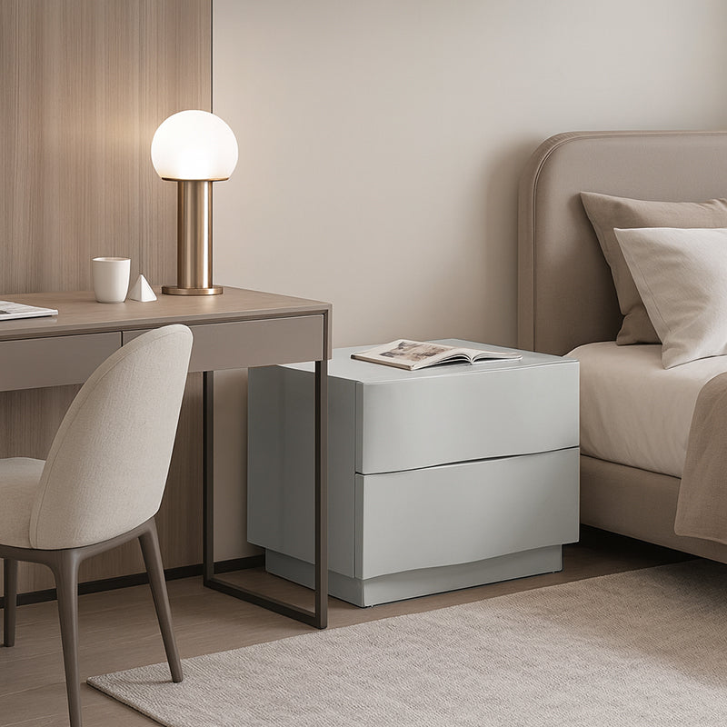Contemporary Scandinavian Greige 2-Drawer Storage Nightstand - 3D Wave Pattern Drawers Bedside Table For Bedroom Lumendat